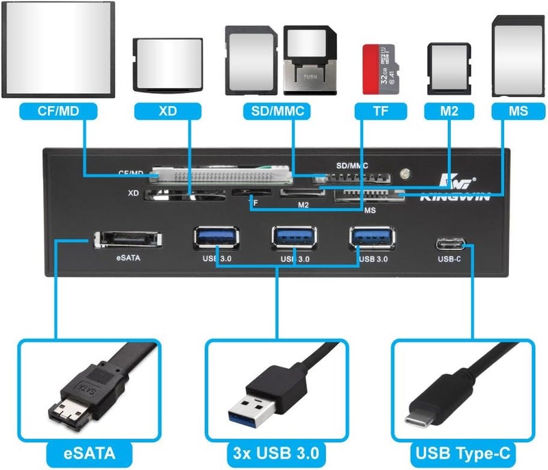 KingWin Powered USB Hub 3.0 w/ 1 USB-C Port, SD Card Reader & Micro SD Card Reader - Sata Power Port w/Lightning Speed Data Transfer Up to 5Gbps - 5.25" Computer Case Front Bay, black (KW525-3U3CR) - Image 4